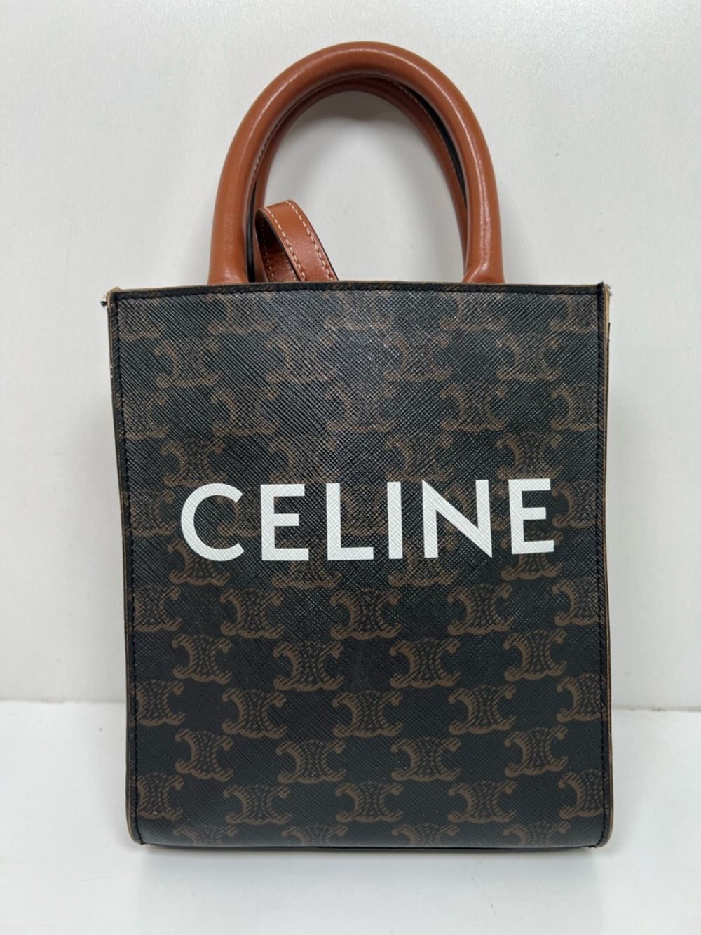 Celine Mini Vertical Cabas Triomphe Canvas Brown Tan Tote Crossbody Bag Italy